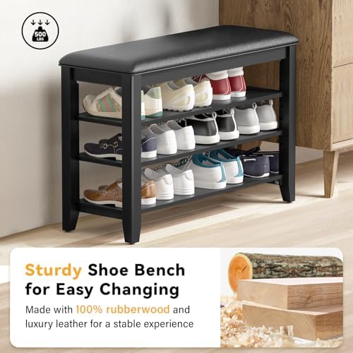 Taitiy Shoe Bench with 3 Tier Adjustable Shelves Rubberwood Entryway 31.5'' - Image 4