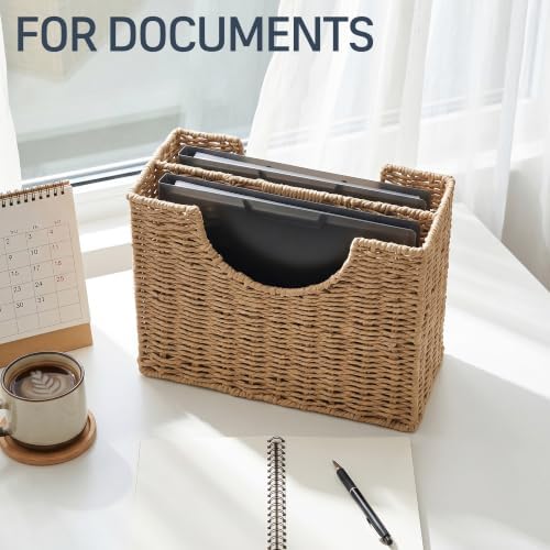 Coeusy Wicker Magazine Basket, Paper Rope Woven Magazine Holder for Files, Books, Documents, Newspapers, Narrow Boho Organizer and Storage Bins with Handle for Office, Living Room, Bathroom (Natural) - Image 5