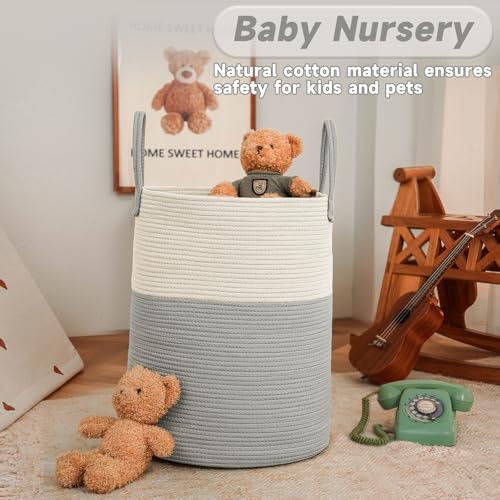 JMvicyroam 60L Cotton Rope Laundry Basket Hamper, White and Grey - Image 2