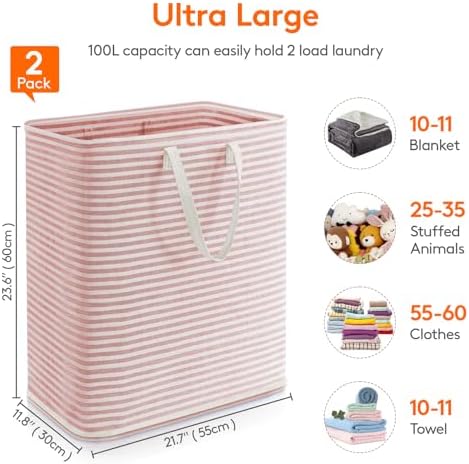 Lifewit 100L Large Laundry Baskets, Laundry Hampers Bags, 2 Pack, Grey&Pink - Image 4
