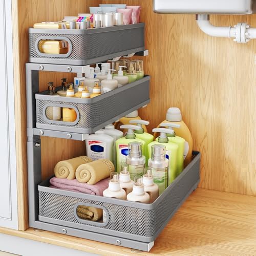 Under Sink Organizer, 3-Tier Thickened Metal Pull out Cabinet Organizer Shelf, Height Adjustable Slide out Storage Drawer Rack for Kitchen Bathroom Pantry Laundry Home Organization, 1-Pack, Grey by HERJOY