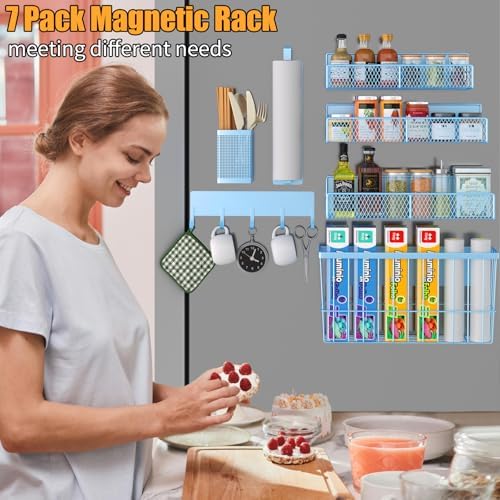 Magnetic Spice Rack for Refrigerator, 7 Pack Metal Magnetic Shelf, Moveable Magnetic Storage Fridge Organizer, Spice Organizer, Hook Rack, Paper Towel Holder, Utensils and Cutting Board Holder, Blue - Image 6