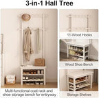 AQIMUELE Coat Rack with Shoe Storage, Narrow Wooden Hall Tree with Bench, 11 Hooks and 2-Tier Storage Shelves, 3-in-1, Entryway Bench with Coat Rack (23.6"-Deep White) - Image 3