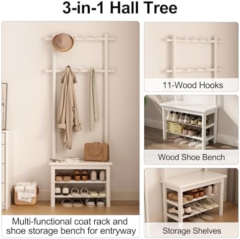 AQIMUELE Coat Rack with Shoe Storage, Narrow Wooden Hall Tree with Bench, 11 Hooks and 2-Tier Storage Shelves, 3-in-1, Entryway Bench with Coat Rack (23.6"-Deep White) - Image 3