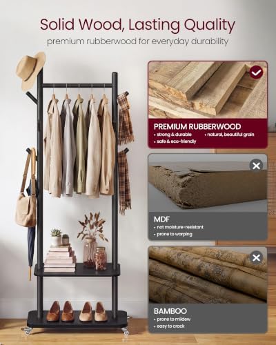 VASAGLE Freestanding Coat Rack with Wheels, 7 Wooden Hooks, 2 Shelves - Image 7