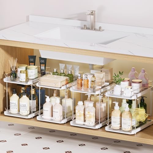 Delamu 2 Tier Under Sink Organizer Bathroom, Bathroom Cabinet Organizer with Snap-Lock Design and Hooks, Pull Out Storage with Movable Dividers, for Countertop, Kitchen and Pantry (White, 4 Pack) by DELAMU