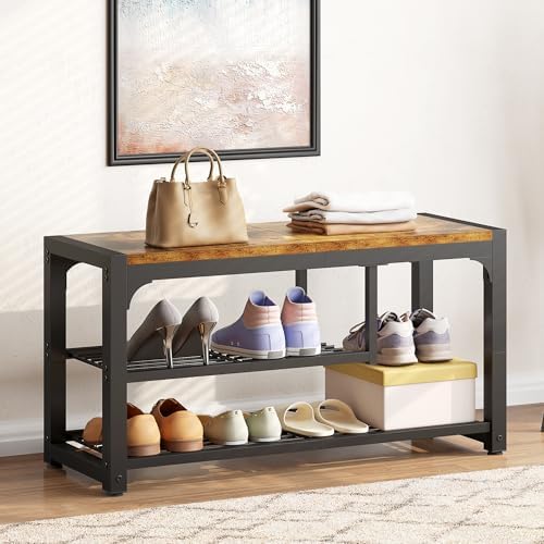 HOMEFORT Shoe Bench,3 Tiers Shoe Rack Bench,31.5" Shoe Storage Bench for Entryway, Retro Industrial Entry Bench with Mesh Shelves and Boot Storage,for Front Door Entrance, Rustic Brown - Image 5