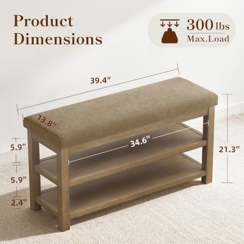 Zihanhome 2 Tier Shoe Rack Bench with Cushion, Solid Wood Shoe Benches, Mid-Century Modern Shoe Storage Bench for Entryway, Hallway, Living Room, Closet, Front Door Entrance, (Brown, 39.4") - Image 2