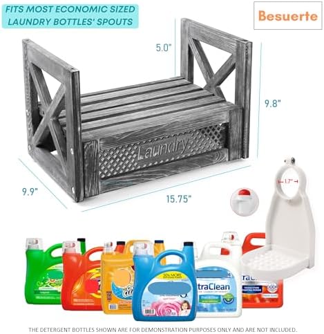 Wooden Laundry Detergent Holder – Rustic Farmhouse Laundry Shelf for Two Detergent Bottles, Laundry Room Storage and Décor, Countertop Organizer with Drip Tray & Cup Holders - Image 4
