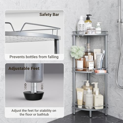 ELYKEN Corner Shower Caddy Standing, 3 Tier Metal Shower Organizer, Silver - Image 6