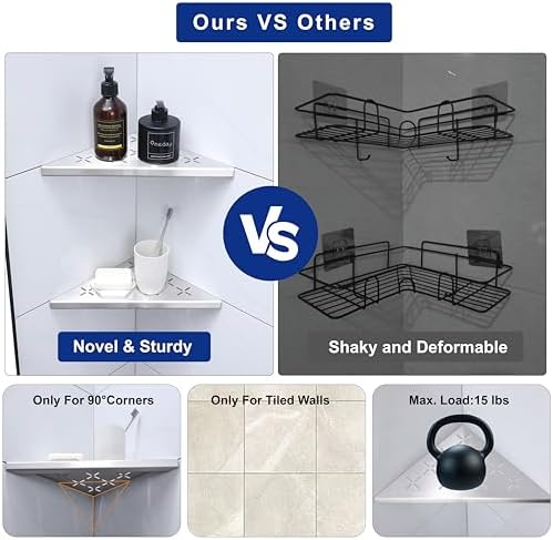 10" Corner Shower Shelf, 2-Pack Shower Shelves SUS304 Stainless Steel Bathroom Shelves for Tile Walls, Recessed Corner Shelf Organizer Rack, No Drilling (Brushed) - Image 5
