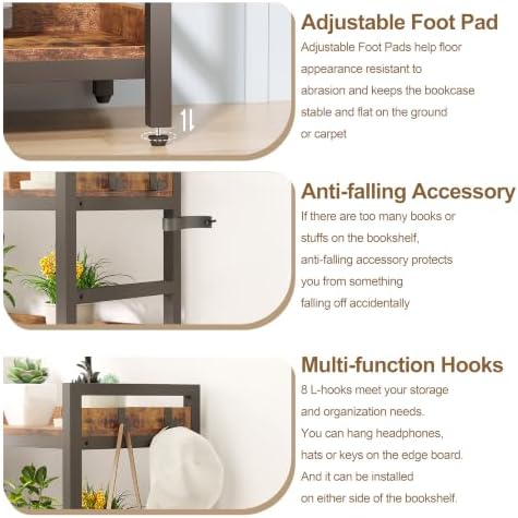 HCHQHS Adjustable Book Shelf with 8 Hooks, Reversible Corner Bookshelf, Industrial Wooden and Metal Bookcase for Living Room, Bedroom, Home Office (Rustic Brown, 5 Tier) - Image 6