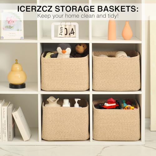 ICERZCZ Storage Baskets for Organizing & Shelves, Woven Cotton Rope Organization Bins for Dog Toys, Clothes, Books, Nursery Organizer, 15"Lx11''Wx9.5''H, (4 Packs) Brown - Image 6
