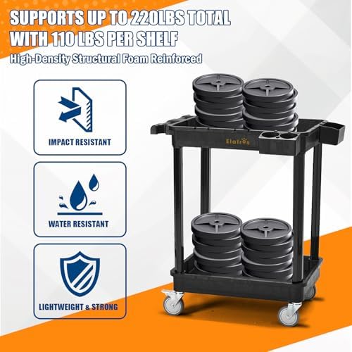 ELAFROS 2-Shelf Heavy Duty Plastic Rolling Utility Cart, 28x19 in, 330 lbs - Image 6