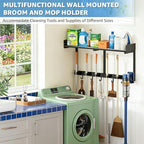 27" Mop and Broom Holder Wall Mount with Top Storage Shelf & Hooks,Black - Image 2