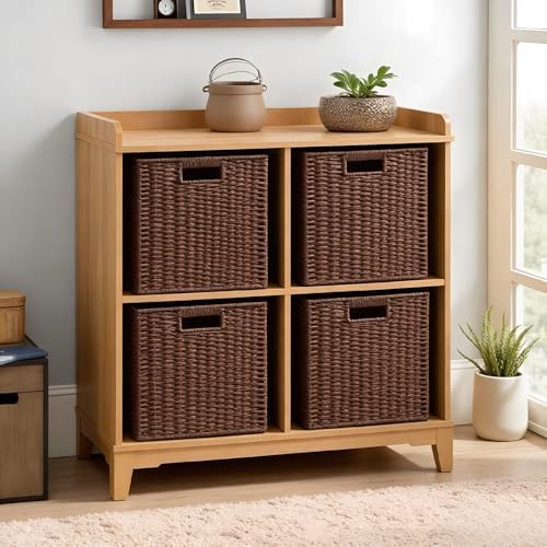 UBBCARE 2 Pack Wicker Basket, 11L×11H×10.5W inch Woven Paper Rope Storage Baskets for Shelves, Foldable Cube Storage bin with Handle, Storage Basket for Organizing & Decor, Brown - Image 3