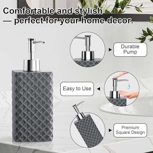 Bathroom Accessories Set Resin 6PCS, Square Toothbrush Holders Set Complete with Soap Dispenser, Vanity Tray, Tumbler, Cups and Cotton Swab Jars (Gray Diamond, Resin Bath 6 PCS) - Image 4