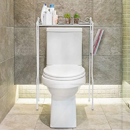 MyGift Over Toilet Storage Shelf with Magazine Basket, White Metal - Image 4