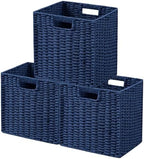 UBBCARE 3 Pack Wicker Basket, 11L×11H×10.5W inch Woven Paper Rope Storage Baskets for Shelves, Foldable Cube Storage bin with Handle, Storage Basket for Organizing & Decor, Navy Blue by UBBCARE