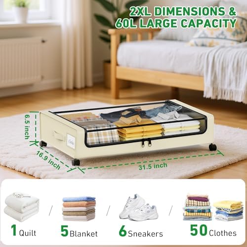 Beborxue Under Bed Storage with Wheels, 4-Pack Under Bed Storage Containers with Clear Lids, XXL 60L Under Bed Shoe Storage Organizer, Rolling Underbed Storage for Clothes, Shoes, Blankets (Beige) - Image 3