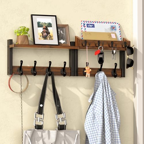 29'' Rustic Coat Rack Wall Mount with Shelf, Solid Wood Coat and Key Hanger with 11 Metal Hooks, Farmhouse Wall Organizer for Mail, Entryway Wall Hangers for Hats, Clothes, Backpacks, Mudroom by Unknown