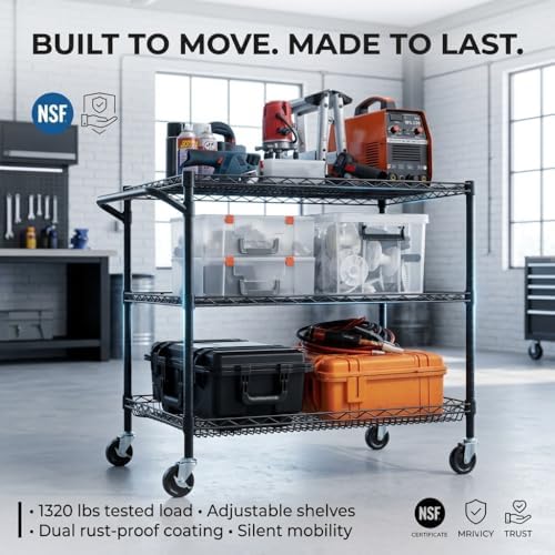 Finnhomy 3 Tier Heavy Duty Commercial Grade Utility Cart, Wire Rolling Cart with Handle Bar, Steel Service Cart with Wheels, Kitchen Carts on Wheels, Metal Cart Shelf Size 24" D x 36" W, NSF, Black - Image 4