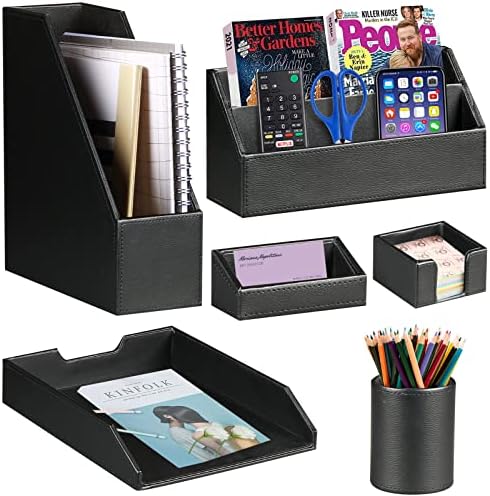 Ayunga PU Leather 6-piece Office Supplies Combination Set,Pencil Cup,Business Card Holder,Sticky Note Dispenser,Mail Sorter,Letter Tray,Files Holder,Suitable for Self-use and Friend Gifts(Black) by Ayunga