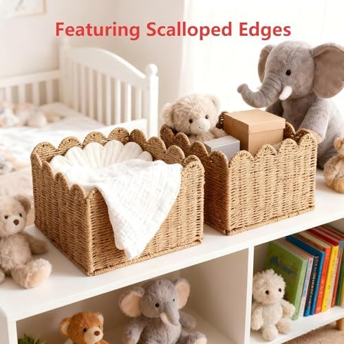 Scalloped Basket, Wicker Storage Baskets, Hand Woven Baskets for Shelves,Natural Baskets for Organizing (S+M) - Image 6