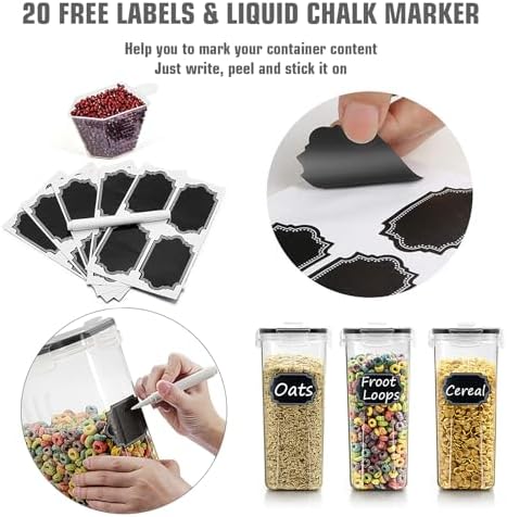 Wildone Cereal Storage Containers Set, Large BPA Free Plastic Airtight Food Storage Containers 4L for Flour, Sugar, 6 Piece Set Cereal Dispensers with 20 Labels & Marker, Black - Image 5