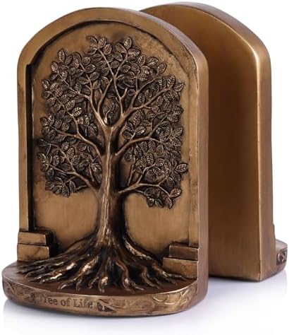 Large Vintage Bronze Finish Tree of Life Bookends Set, 2 Non-Skid Heavy Bookends for Shelves or Bookcase, Decorative Bookends for Desktop Shelf Decor, Library Office Decor, Home Décor Gift by QIANLING