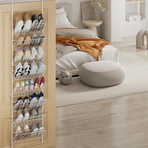 SWTYMIKI Over the Door Shoe Organizer - Adjustable 8 Tier Hanging Shoe Rack Organizer, Metal Heavy Duty Behind Door Storage or Wall Mount Shoes Shelf for Flats, Heels, Sneakers, Boots, White - Image 3