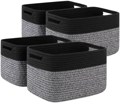 4 Pack Storage Baskets for Organizing, Woven Baskets for Shelves - Perfect for Toys, Books, Towels, and Clothes, Durable Gift Basket Bins Toy Storage, 12.7''Lx9''Wx7.8''H, Dark Grey and Black by SIXDOVE