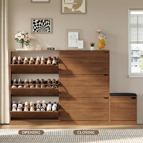 BORNOON Shoe Cabinet with Bench and 3 Flip Drawers, Slim Narrow Shoe Storage Cabinet, Freestanding Shoe Rack Organizer with Adjustable & Removable Shelves, Anti-Tip for Entryway, Hallway, Foyer - Image 5