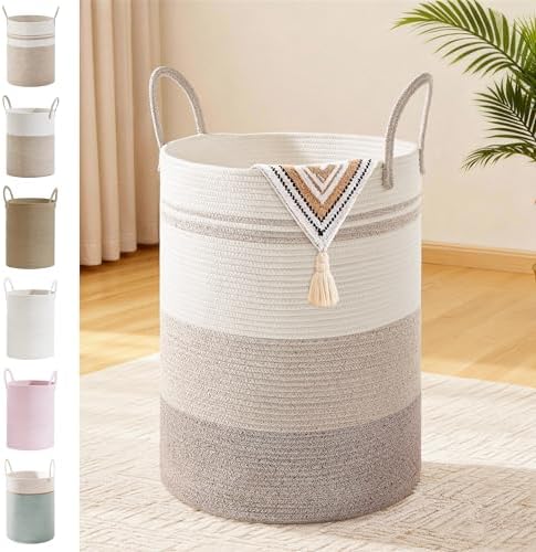 58L Tall Cotton Rope Laundry Basket with Handles, Brown Striped by SunNewt