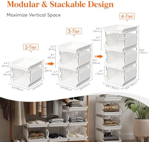 Lifewit 4 Tier Plastic Stackable Storage Baskets for Clothes 2 Pack, White - Image 4