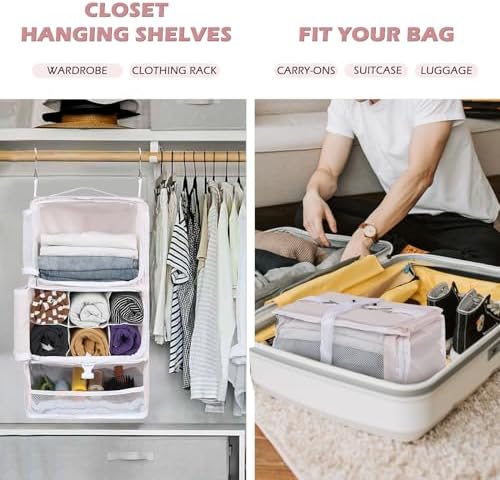 Surblue Hanging Shelves Travel Storage Bag Compression Packing Cube for Suitcase Collapsible with Extension Layer Large Capacity, Pink,XL - Image 2