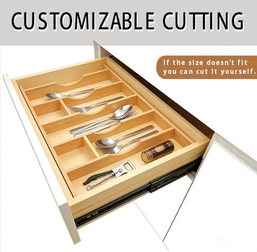 Silverware Drawer Organizer - Trim-to-Fit with Adjustable Dividers for Kitchen Utensil Storage, Beech Wood Frame with 11 Sizes (14.63" W x 22" D) - Image 6