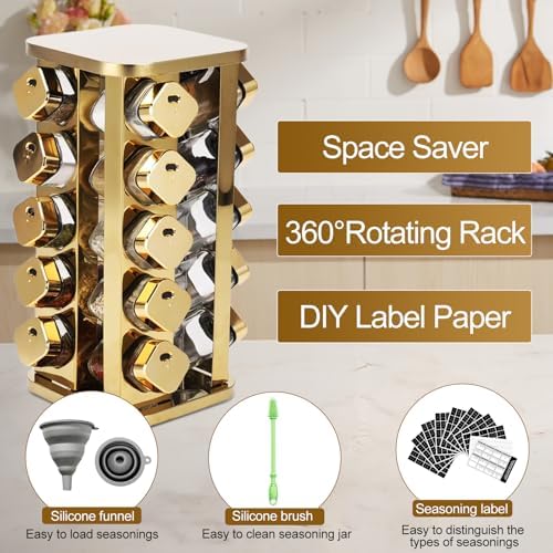 Kitchen stainless steel spice rack with 20 food grade glass cans-275 spice label-rotating vertical bracket and countertop seasoning rack cabinet tower storage rack (golden, 20) - Image 5
