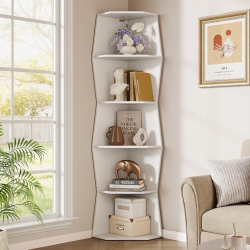 6-Tier Wavy Corner Shelf, Wooden Tall Corner Bookshelf, White by vividwood