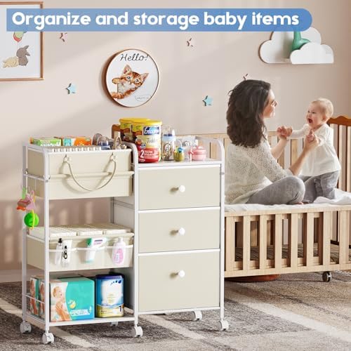 Cidaziya 2In1 Baby Diaper Caddy Organizers and Storage, 3 Tier Rolling Cart with Dividers and Drawers, Mobile Utility Cart Baby Dresser Clothes Organizer for Changing Table, Crib Nursery, Bedroom - Image 3