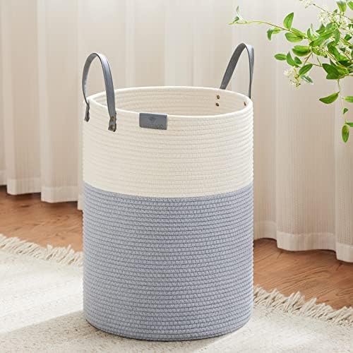 VIPOSCO 58L Tall Woven Rope Laundry Hamper, Leather Handles, Grey & White by VIPOSCO