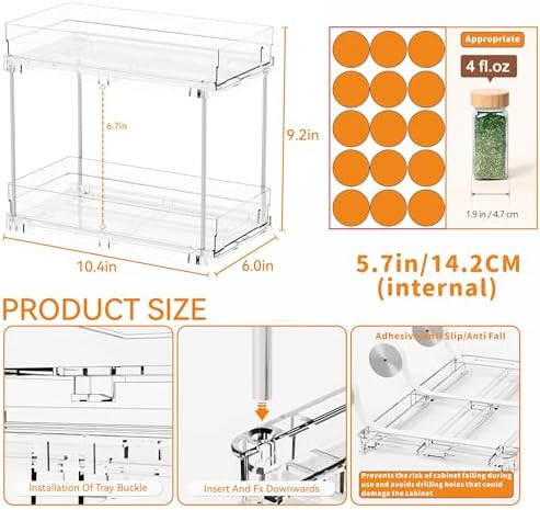 Yieach 4 Pack 2 Tier Vertical Spice Rack Pull Out,10.4'' Deep Narrow Slide Out Spice Rack Organizer for Inside Cabinets,Kitchen,Pantry,Cupboard Seasoning,Can,Jar Organizer and Medicine Cabinet Storage - Image 3