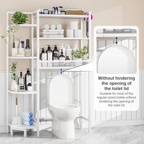 K1 Heavy Duty 7-Tier Over The Toilet Storage（With Basket and Paper Hook）Freestanding Above Toilet Shelf with Adjustable Feet，Space Saver Bathroom Shelves 9.3"D x 33.5"W x 63.8"H，Beige White - Image 6