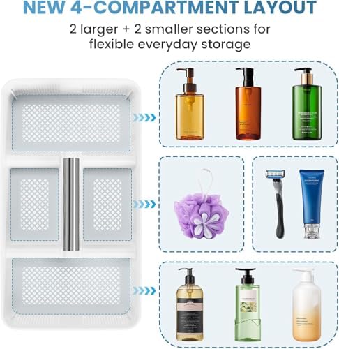 BYUNER Plastic Shower Caddy Dorm: Portable Shower Basket Tote with Handle, 4 Compartments, All-Side Drainage, Hard Bathroom & Cleaning Caddy Organizer for college Dorm Room Essentials, White/Silver - Image 6