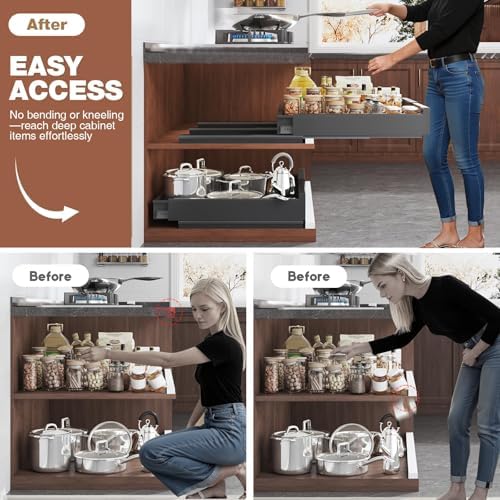 Seinloes Pull Out Cabinet Organizer,4-Side Expandable to Maximize Cabinet Space,Slide Out Drawers with 3 Rail Design,Roll Out Shelf with Raising Pad for Framed Cabinet,13"-21"W x 17"-24"D,Black,2 Pack - Image 5