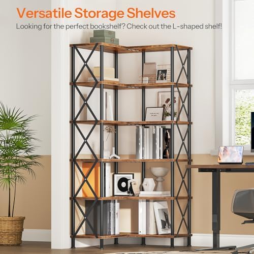 HOOBRO Corner Bookshelf, 6-Tier L-Shaped Bookcase, Industrial Open Display Shelf Tall Storage Organizer, Vertical Storage Rack, for Living Room, Home Office, Rustic Brown and Black BF61SJ01 - Image 4