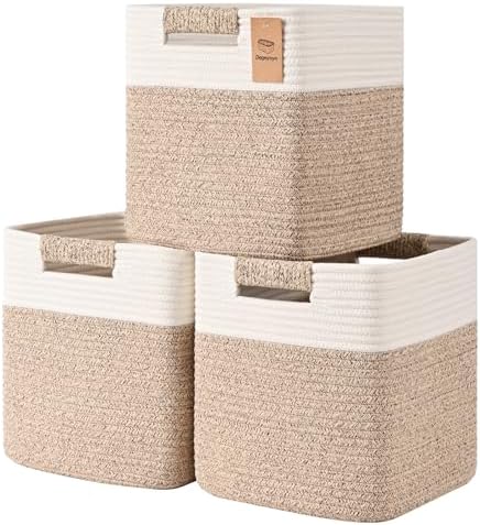 12 Inch Storage Cubes, 3 Pack Cube Storage Bins for Organizing, Cotton Rope Woven Baskets for Shelves, Bathroom, Kids Room, Closets, Baby Nursery by Degeyoyo