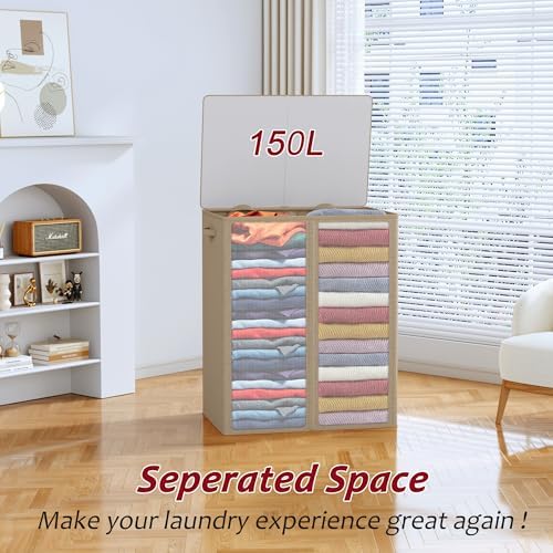 150L Laundry Hamper 2 Section, Large Laundry Hamper with Lid, Dirty Clothes Hamper with 2 Removable Inner Bags, Collapsible Laundry Basket Organizer for for Clothes Toys Towels, Hamper 2 Compartment - Image 5