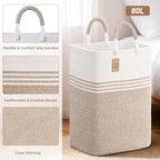 Laundry Basket Hamper,Blanket Storage,Dirty Clothes Hamper with Swivel Handles,Woven Cotton Rope Toy Baskets,Blanket Basket Living Room,Decorative Hampers for Nursery,Bedroom,White & Linen,80L - Image 6