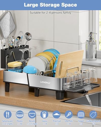 304 Stainless Steel Expandable Dish Drying Rack with Drain Spout, Black - Image 5